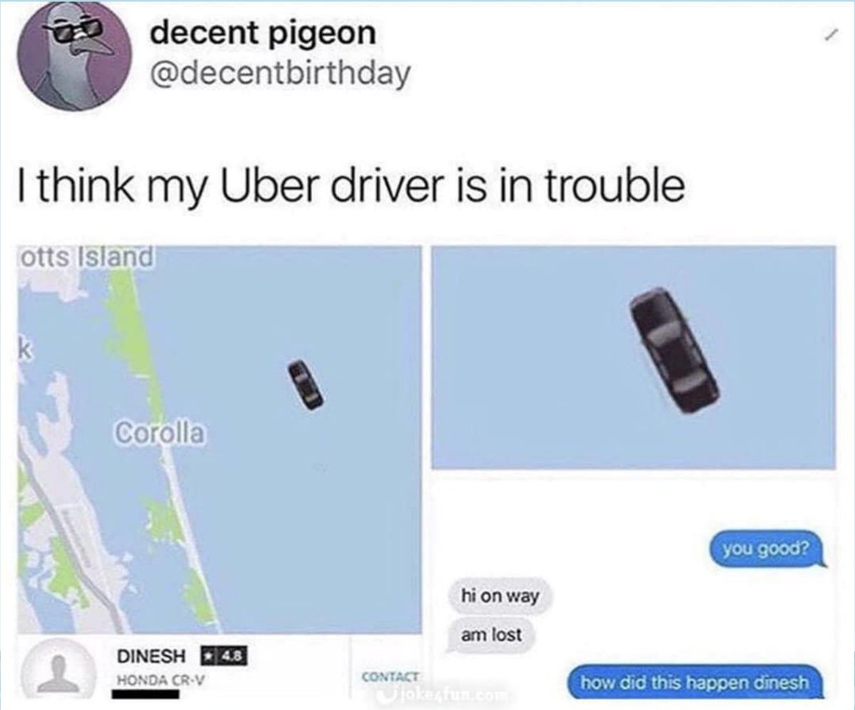 Tweet: ride map showing the Uber driver's car in the ocean
