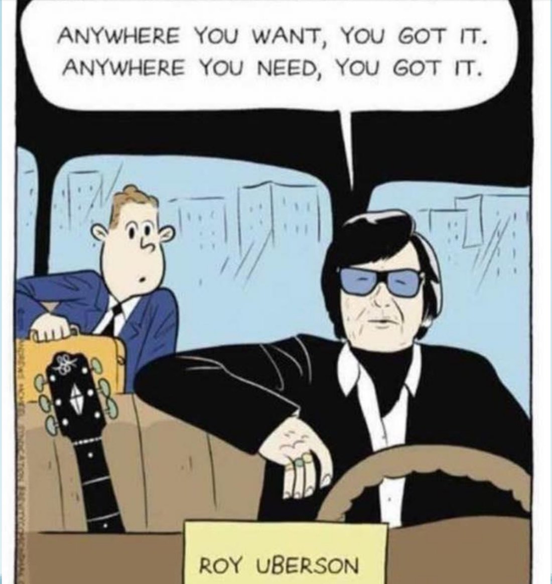 Cartoon: Roy Orbison as a rideshare driver named Roy Uberson