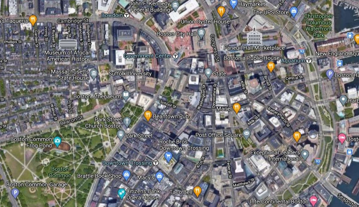 Satellite map of downtown Boston's tangled streets