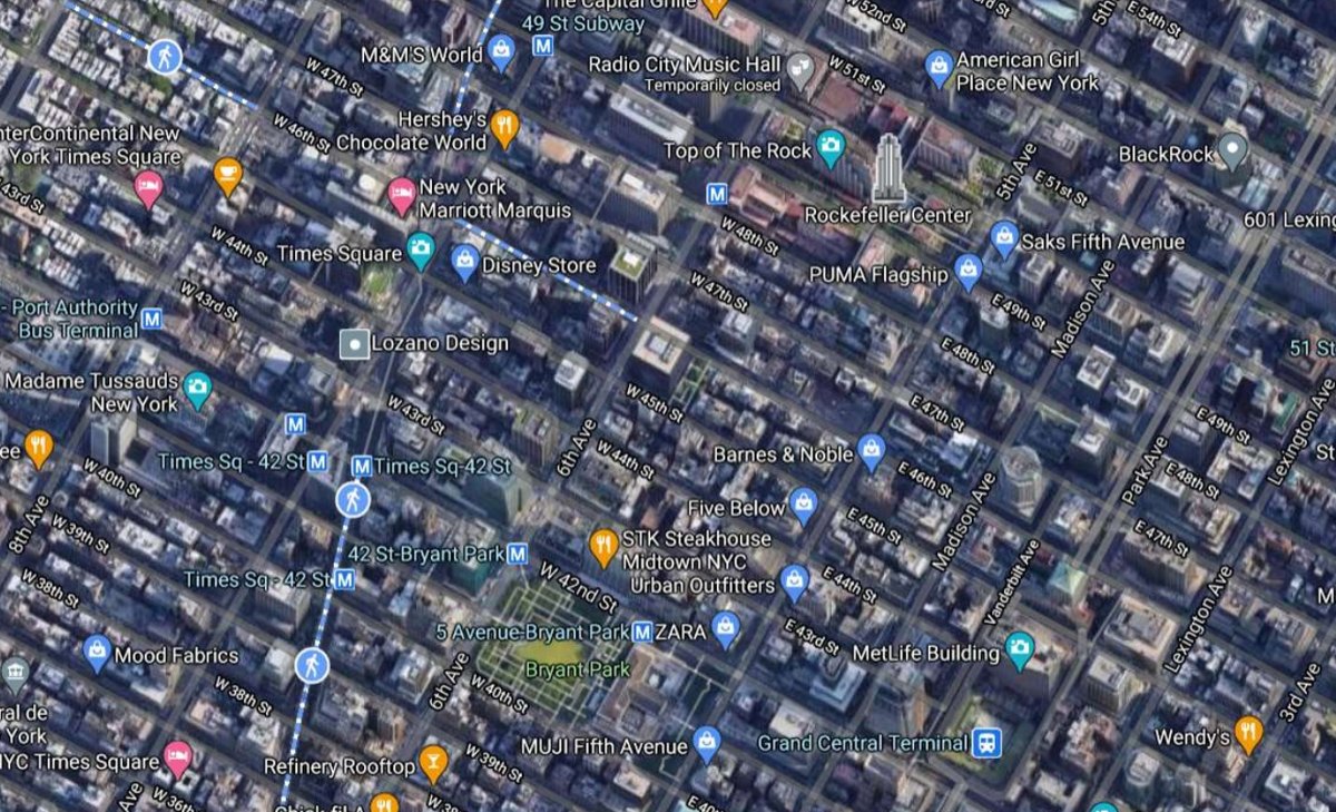 Satellite map of Midtown Manhattan's street grid