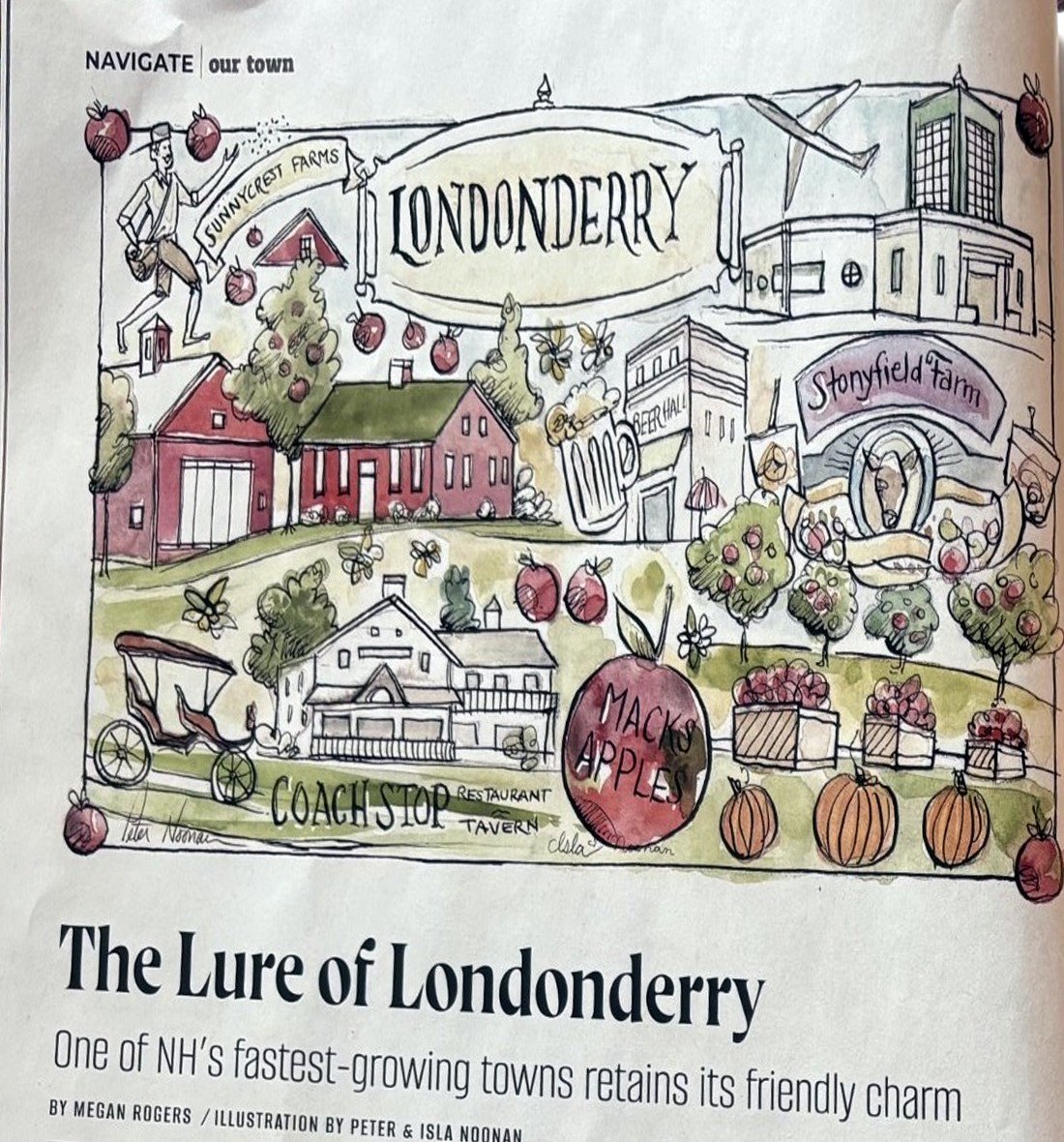 The opening page of the New Hampshire Magazine article, with an illustrated map of Londonderry