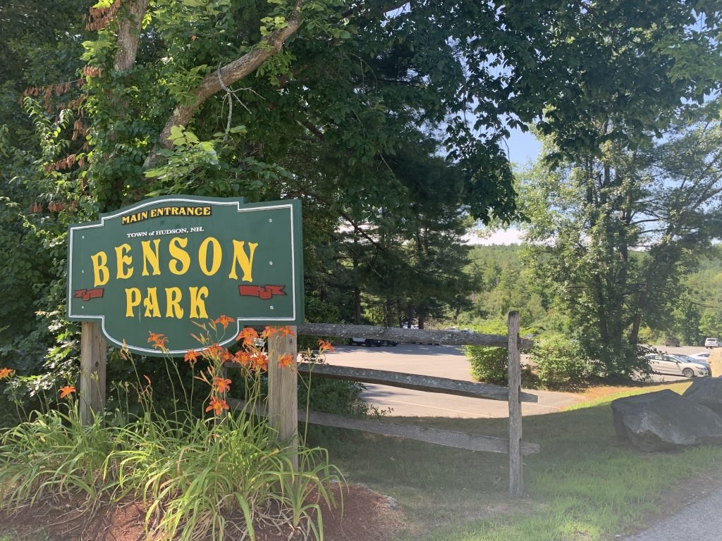 The Benson Park entrance sign in Hudson