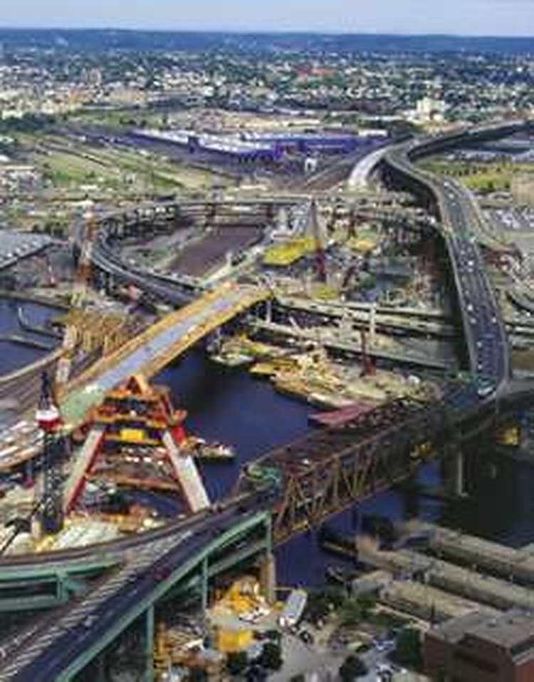 Aerial view of Big Dig construction around the Zakim Bridge