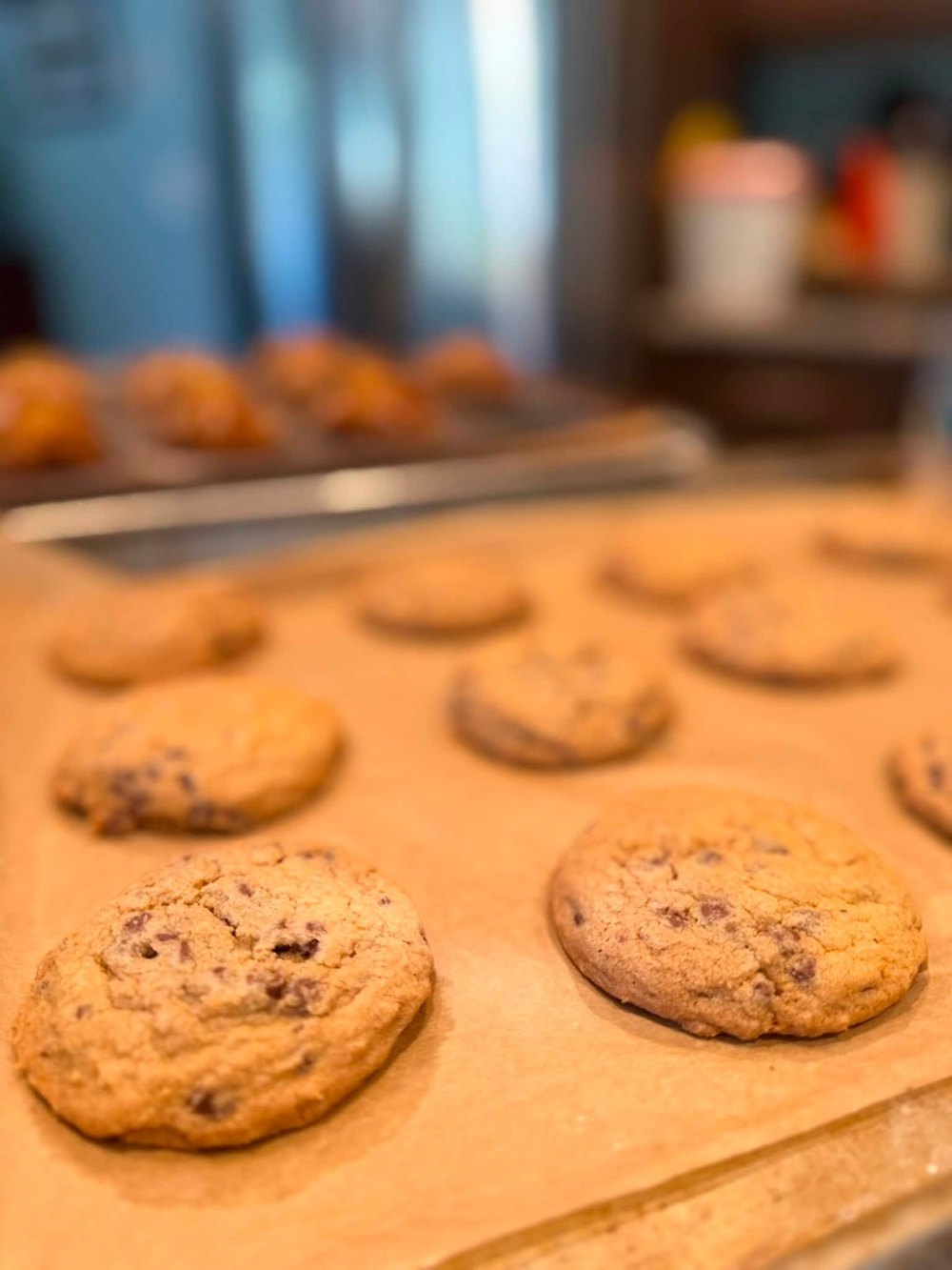 Fresh chocolate chip cookies on a baking sheet from The Lovely Bee