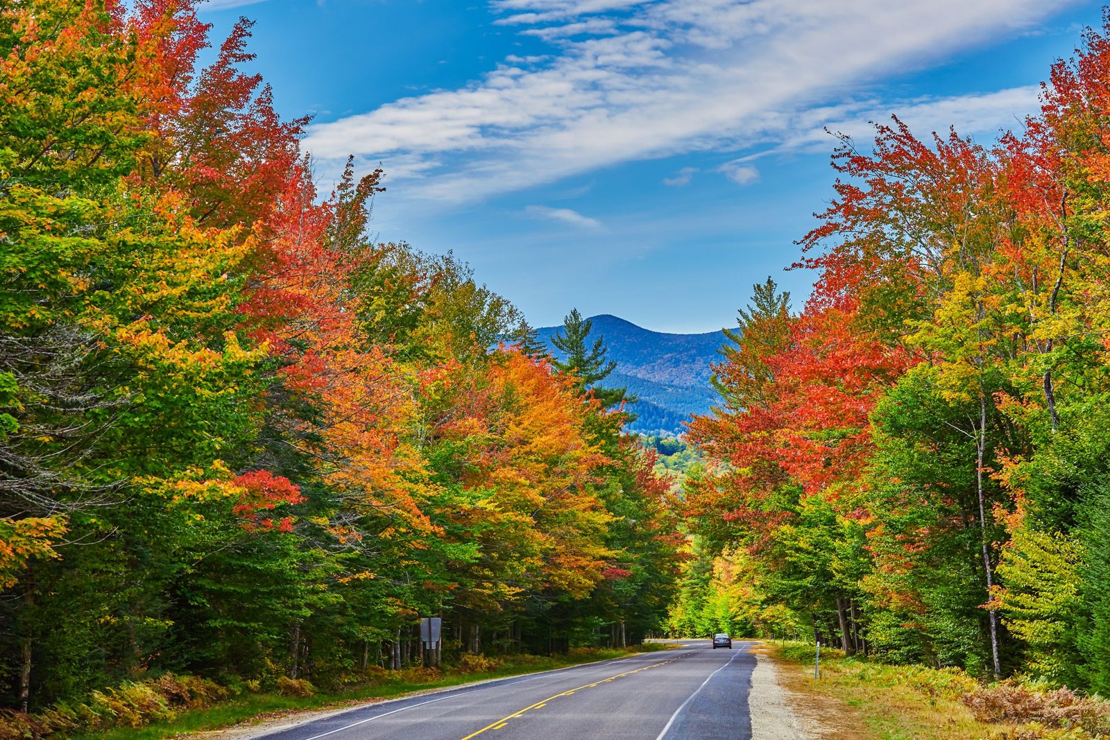 A road through bright fall foliage in the White Mountains with one car ahead