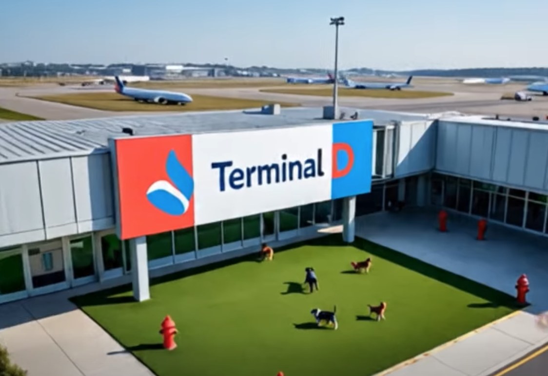 An imagined Terminal D dog park at Logan with dogs and fire hydrants