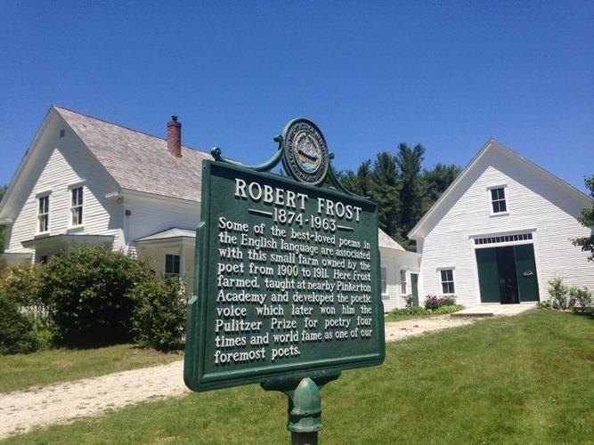 The Robert Frost Farm in Derry with its historical marker