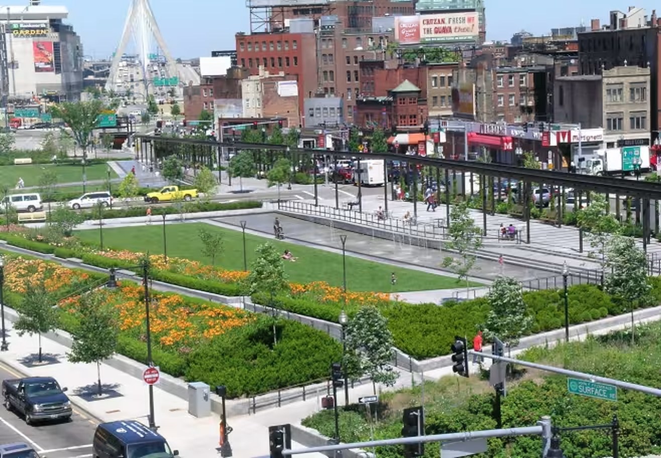The Rose Kennedy Greenway with the Zakim Bridge in the distance
