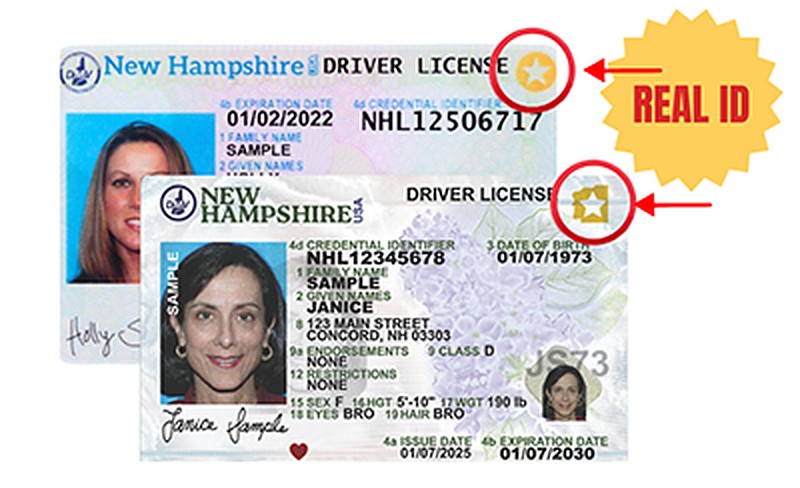 Sample New Hampshire licenses with the REAL ID star circled