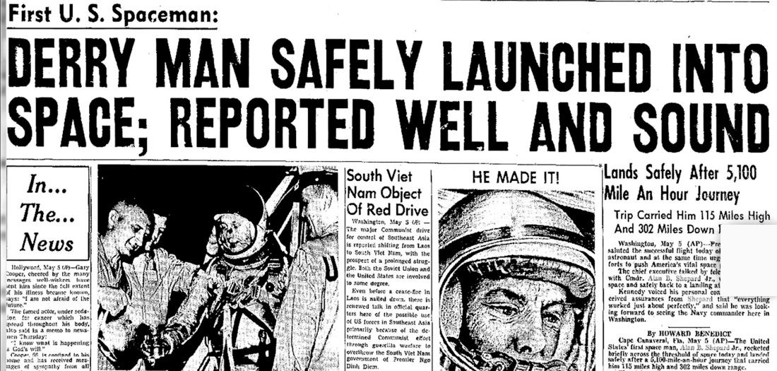 Newspaper front page, May 1961: Derry man safely launched into space