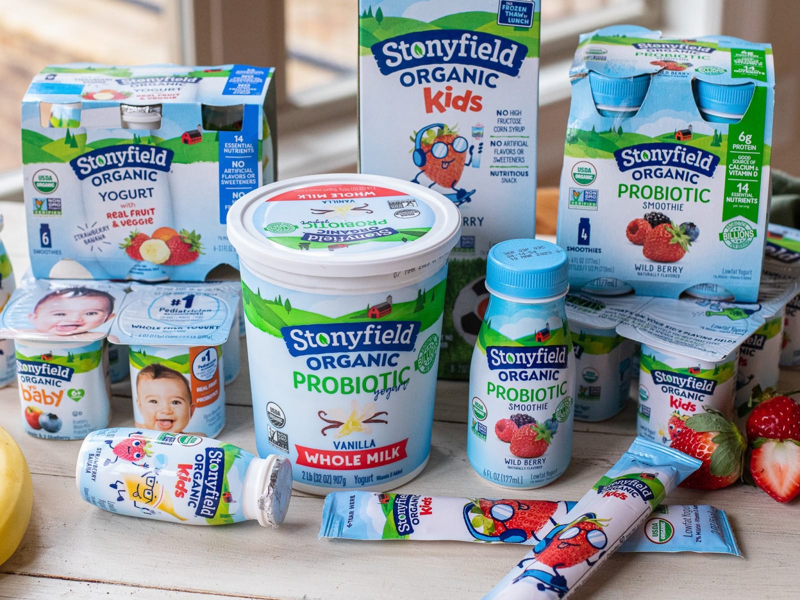 An assortment of Stonyfield Organic yogurts and smoothies