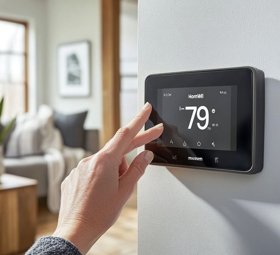 A hand adjusting a smart thermostat