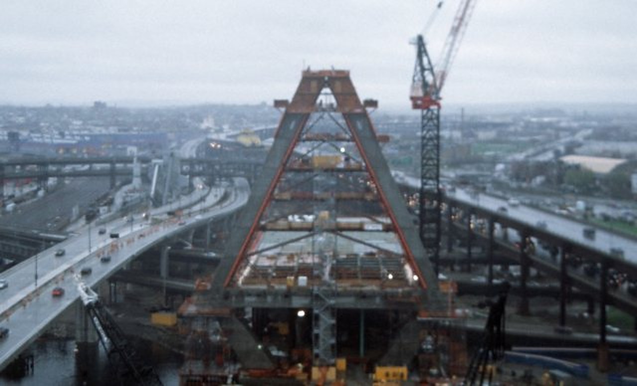 The Zakim Bridge tower under construction